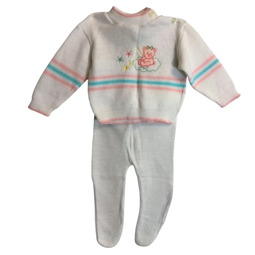 Childwise Vintage 3M Baby Knit Sweater Set White Pink Teddy‎ Bear Footed Pants